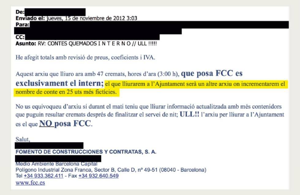 Un ingeniero de FCC escribe, en un correo escrito en catalán, que existe un archivo “exclusivamente interno” que recoge 47 contenedores quemados y otro hinchado para el Ayuntamiento “con 25 unidades más ficticias”