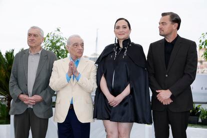 Robert De Niro, Martin Scorsese, Lily Gladstone and Leonardo DiCaprio, in Cannes in May.