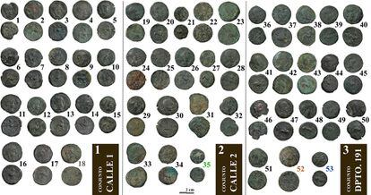 Los tres conjuntos de monedas oretanas hallados en el yacimiento de Libisosa (Albacete).