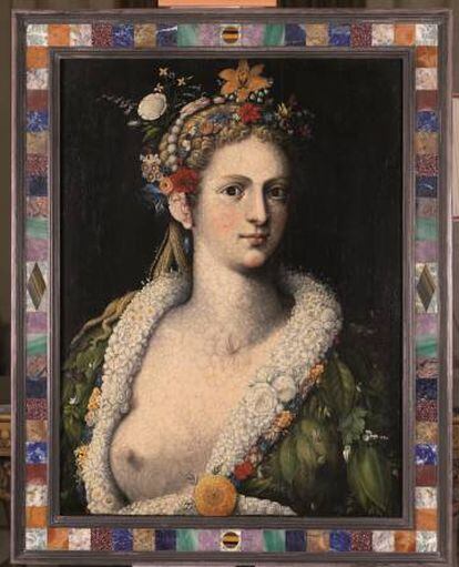 'Flora meretrix' (c. 1590), de Arcimboldo. Marco: 'cassetta en pietre dure' diseñado por Federico Zeri.