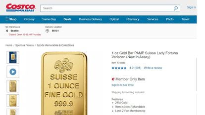 Página web de Costco donde se oferta el lingote de oro.