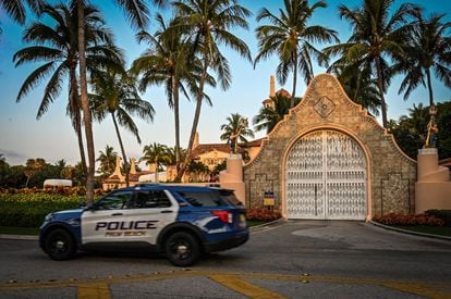 A police vehicle at the gate of the Mar-a-Lago mansion in a recent image.