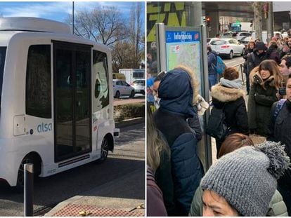 Autobuses sin conductor... y pasajeros sin autobuses. A la izquierda, el primer autobús autónomo sin conductor de la región, que operará en un recorrido de 3,8 kilómetros en el campus de Cantoblanco de la Universidad Autónoma, presentado este lunes. En paralelo, el inicio de las obras en la línea 4 de metro causó colas de pasajeros que no veían llegar los buses de sustitución. Garrido pidió disculpas.