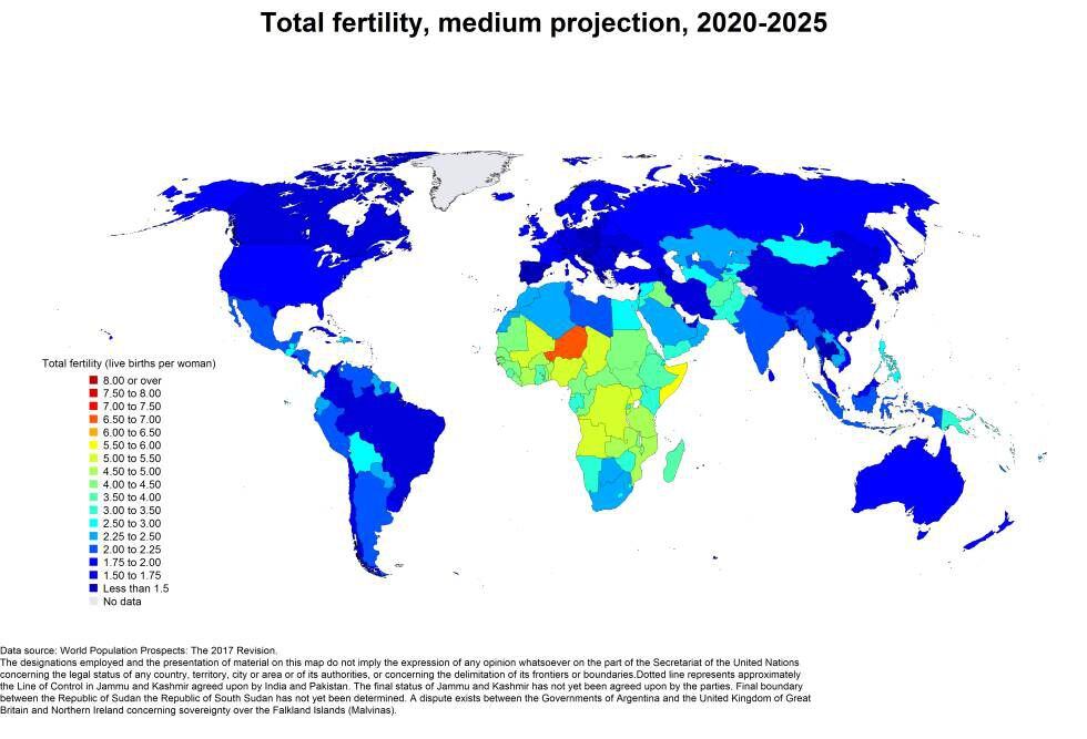Tasas de fertilidad por países, proyección de 2020-2025