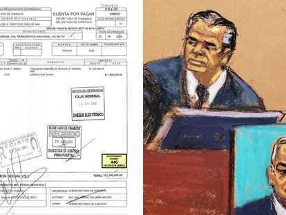 Una ilustración de Héctor Villarreal, que acusó a García Luna de hacer pagos millonarios a El Universal, junto a la factura que presentó como evidencia.
