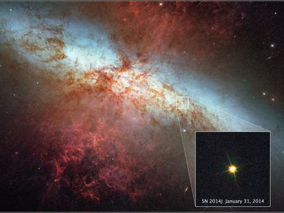 La supernova SN 2014J fotografiada por el telecopio &#039;Hubble&#039; el pasado 31 de enero y ampliada sobre la imagen-mosaico de la galaxia M82 que capt&oacute; el mismo observatorio espacial en 2006. 