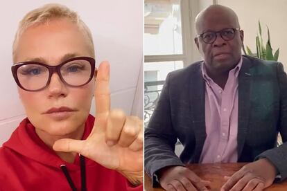 La presentadora Xuxa Meneghel y el ex-ministro Joaquim Barbosa, en sus respectivos llamados a votar por Lula en las elecciones presidenciales del domingo.