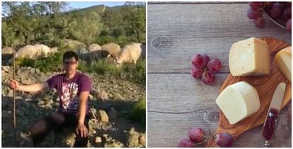 Jordi Benages, con sus ovejas. A la derecha, sus quesos.