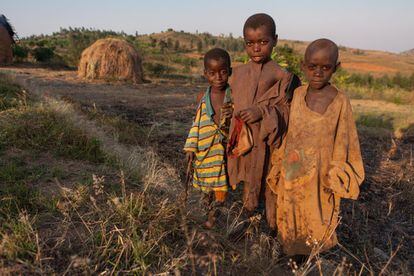 Los batwa son míseros entre los pobres, visten harapos, son analfabetos, jamás acuden al médico y los niños no conocen las vacunas. La mayoría no alcanza los 50. Niños batwa del poblado remoto de Muzenga.