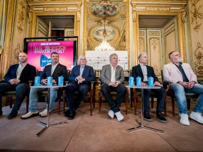 Los miembros de Les Luthiers, en la presentación de su gira española este martes en Casa América, en Madrid.