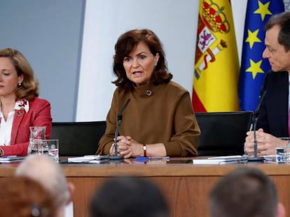 Las ministras de Econom&iacute;a, la vicepresidenta del Gobierno, y el misnitro de Ciencia este viernes tras la reuni&oacute;n del Consejo de Ministros.