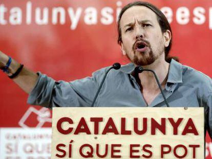El secretario general de Podemos, Pablo Iglesias, durante su intervenci&oacute;n el s&aacute;bado en un acto de campa&ntilde;a para el 27-S.