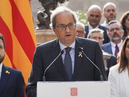 Quim Torra durante su discurso en el acto de conmemoración del 1 de octubre en el Pati dels Tarongers del Palau de la Generalitat.
