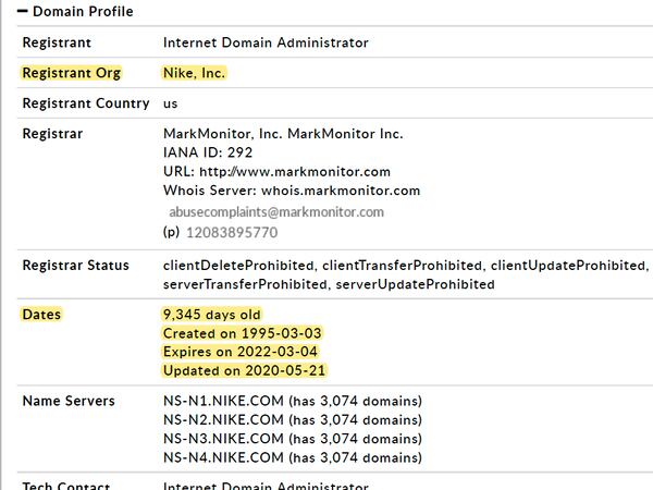 Captura de los resultados que se obtienen al buscar la web oficial de Nike en Whois