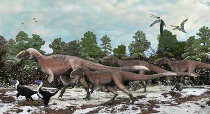 Ilustraci&oacute;n de varios ejemplares de &lsquo;Yutyrannus huali&rsquo;, un gran dinosaurio con plumas.  