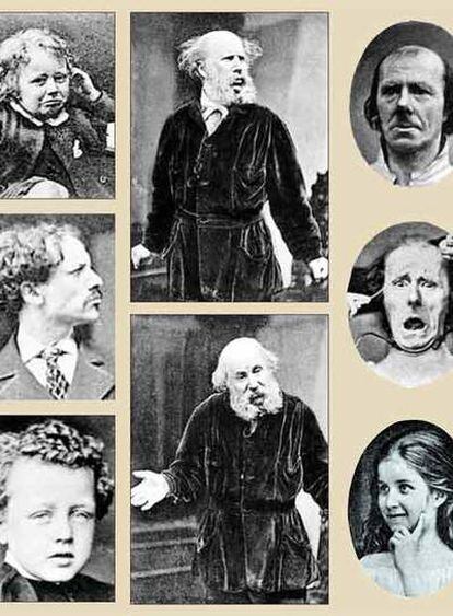 En el centro, arriba y abajo, Charles Darwin. A su alrededor, ejemplos de emociones que aparecen en su libro de 1872.