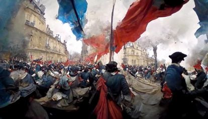 AI-Generated image, created by MidJourney, representing the French Revolution through a GoPro camera.