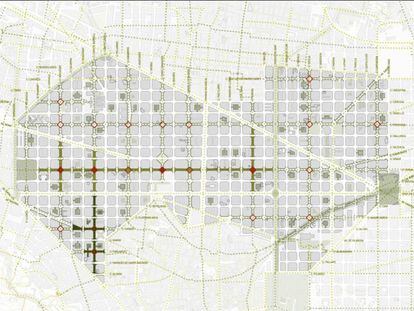 Plànol del projecte per convertir l'Eixample en una gran superilla. En vídeo, explicació del projecte.