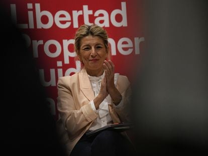 La vicepresidenta Yolanda Díaz, en un encuentro de Sumar sobre derechos LGTBI, el miércoles en Madrid.