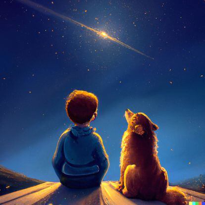 Una imagen creada por la Inteligencia Artificial DALL·E 2, a partir del texto: «Un niño y un perro mirando las estrellas».