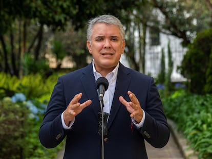 El presidente Iván Duque durante una alocución desde la Casa de Nariño, el 9 de mayo de 2021.