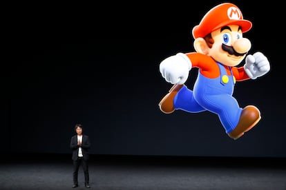 Shigeru Miyamoto and his most famous character, Super Mario, during an Apple event in 2016.