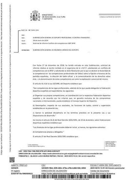 Informe del servicio jurídico del CSD favorable a las competencias de LaLiga.