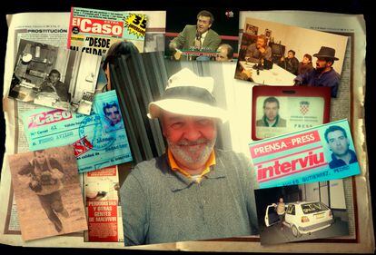 'Collage' que muestra al periodista Pedro Avilés rodeado de algunos de sus carnés de prensa en medios como 'Interviú' o 'El Caso', fotografías de entrevistas con víctimas y familiares y algunas de sus más sonadas portadas.