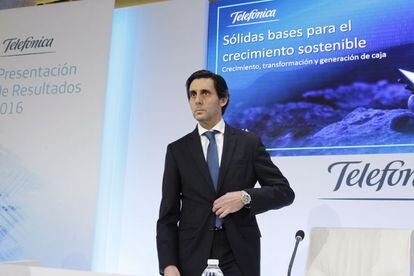 El presidente de Telefónica, José María Álvarez-Pallete, hoy en la sede de la compañía.