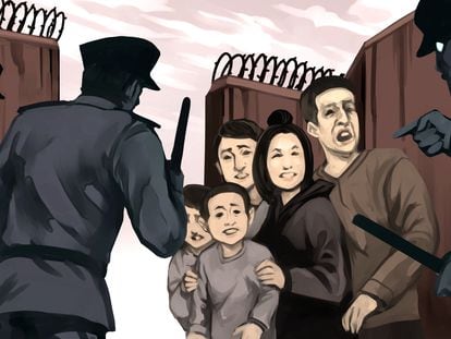 Ilustración de la historia de los hijos de Mihriban Kader, de la etnia uigur, que fueron internados en un 'campo para huérfanos' a pesar de que su madre está viva.