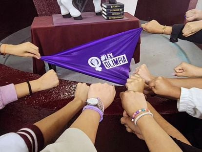 Estudiantes que conforman la Asamblea de Justicia Digital del IPN sostienen un pañuelo con el #LeyOlimpia.