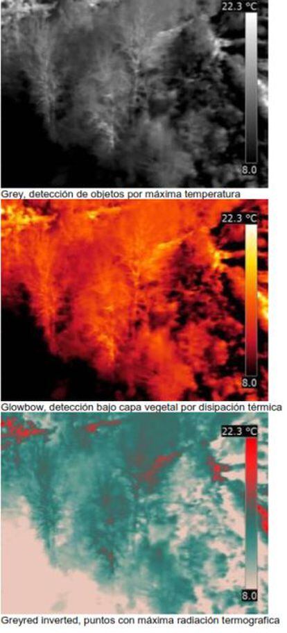 Termografías de la zona encuadrada en rojo en la foto aérea en la que se distinguen los objetos entre la vegetación por la temperatura.