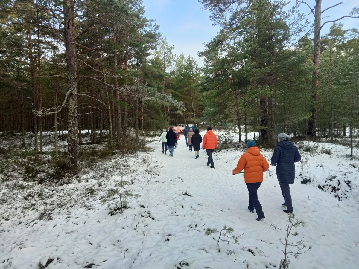 Un grupo de periodistas rusos camina por un bosque cercano a Riga, el 21 de enero.