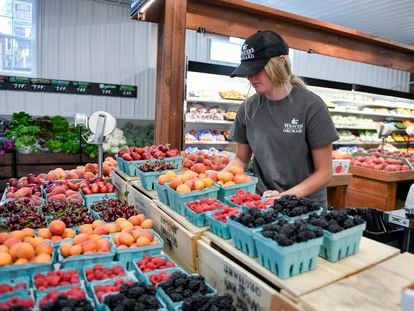 Una empleada organiza las frutas en un mercado de Pensilvania.