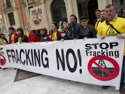 Miembros de la plataforma antifracking ante la diputaci&oacute;n de Castell&oacute;n.