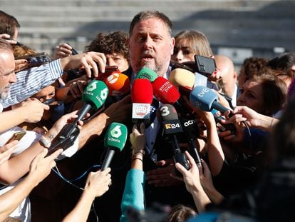 El presidente de ERC, Oriol Junqueras, durante una declaración ante los medios, el pasado martes.