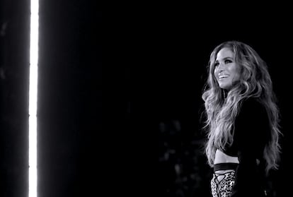 NEW YORK, NEW YORK - SEPTEMBER 12: (EDITORS NOTE: This image has been converted to black and white. Color version available.) Jennifer Lopez speaks onstage during the 2021 MTV Video Music Awards at Barclays Center on September 12, 2021 in the Brooklyn borough of New York City. (Photo by Mike Coppola/Getty Images for MTV/ViacomCBS)
