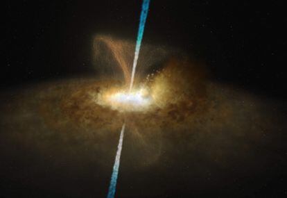 Impresión artística de cómo podría ser el núcleo de la galaxia activa Messier 77. Una imagen detallada de un núcleo galáctico activo, la estructura de polvo y gas que rodea a un agujero negro supermasivo.