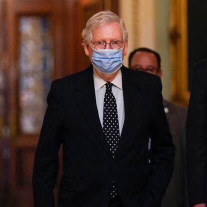 In this Jan. 6, 2021, photo, Senate Majority Leader Mitch McConnell of Ky., walks from the Senate floor to his office on Capitol Hill in Washington. Now that the House has impeached President Donald Trump for the second time, House Speaker Nancy Pelosi must figure out the best strategy for arguing the case before the Senate. Senate rules say the trial must start soon after the chamber receives the article of impeachment, which cites “incitement of insurrection” after an angry mob of Trump’s supporters invaded the Capitol last week. (AP Photo/Manuel Balce Ceneta)