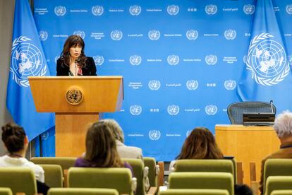 The Minister of Equality, Ana Redondo, this Thursday at a press conference at the UN headquarters.