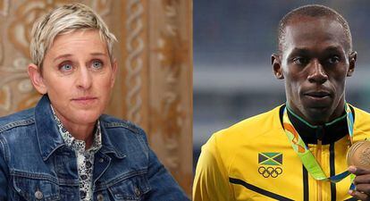 La presentadora Ellen DeGeneres y el atleta Usain Bolt. 