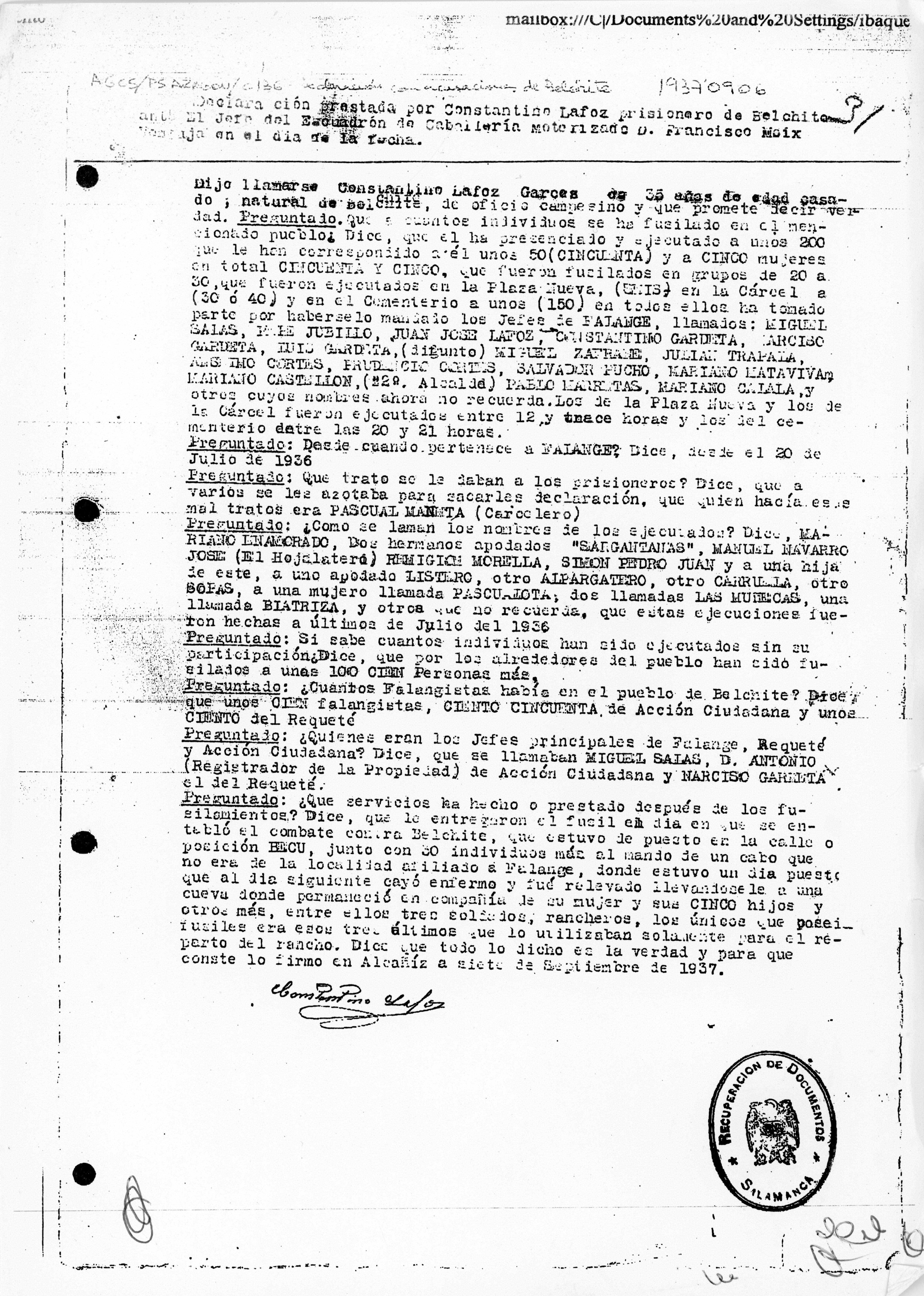 Declaración de Constantino Lafoz Garcés, tras ser detenido en Belchite.