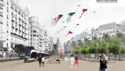 Recreaci&oacute;n virtual del proyecto en la plaza del Ayuntamiento de Valencia.