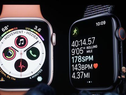 Apple CEO Tim Cook speaks about Apple Watch at the Apple Worldwide Developers Conference in San Jose, Calif., Monday, June 3, 2019. (AP Photo/Jeff Chiu)