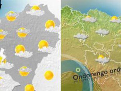 El mapa de la izquierda muestra sin delimitación la Comunidad Autónoma Vasca, Navarra y el País Vasco francés. El mapa de la derecha es la nueva infografía del tiempo de la ETB.