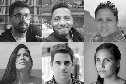 De izquierda a derecha, los autores cubanos: Carlos Manuel Álvarez, Eudris Planche Savón, Dainerys Machado Vento, Yenys Laura Prieto Velasco, Osdany Morales y Jamila Medina.