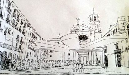 Dibujo del proyecto de Peter Cook y Yael Reisner en la plaza de la Merc&egrave;. 