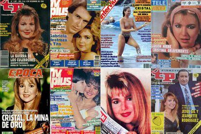 Portadas de las revistas españolas TP, TV Plus, Hola!, Época, Interviú y Tele Indiscreta de los años 1990 y 1991, momento álgido de la actriz en España.