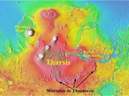 Mapa de la región de Tharsis, Marte. Las flechas marcan el reborde montañoso de Thaumasia.