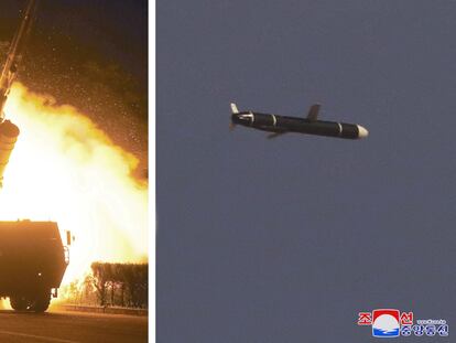 Captura de televisión donde se muestra el lanzamiento de misiles desde Corea del Norte, este lunes.